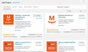 Installing the MailPoet plugin from the WordPress plugin directory